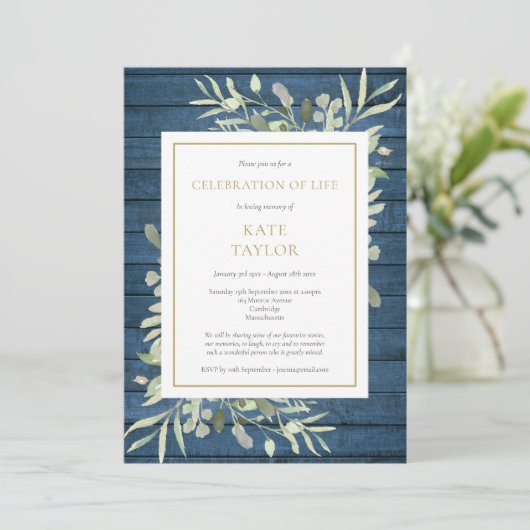 Blauw rustiek groen begrafenis viering van het lev kaart (Staand voorkant)