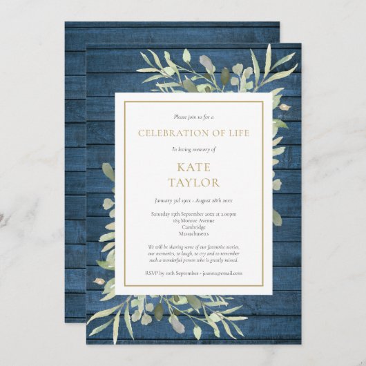 Blauw rustiek groen begrafenis viering van het lev kaart (Voorkant / Achterkant)