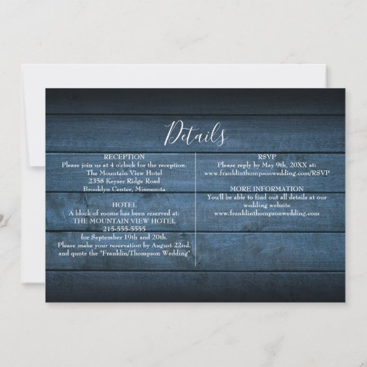 Blauw Rustiek Hout Blad Foto All In One Trouwen Kaart (Achterkant)