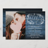 Blauw Rustiek Hout Blad Foto All In One Trouwen Kaart (Voorkant / Achterkant)