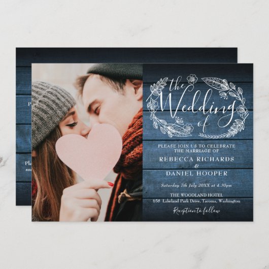 Blauw Rustiek Hout Blad Foto All In One Trouwen Kaart (Voorkant / Achterkant)