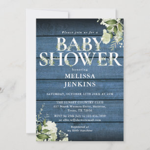 Blauw rustiek hout bloemenletter babyshower kaart