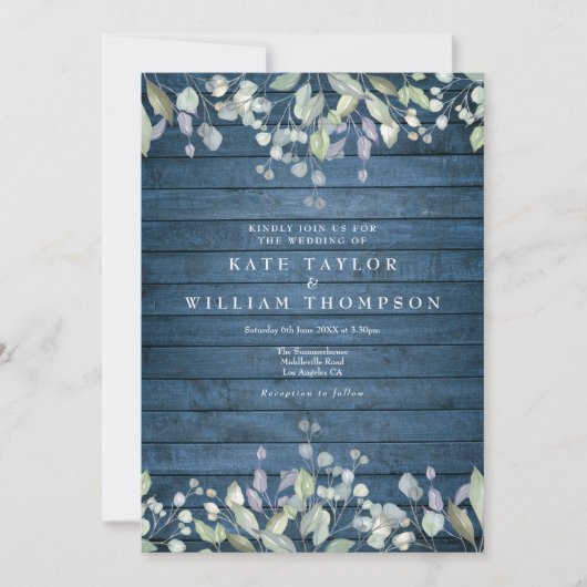 Blauw Rustiek Hout Groen Bloem Bruiloft Kaart (Voorkant)