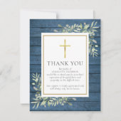 Blauw rustiek hout groen christelijke foto rouwdie bedankkaart (Voorkant)