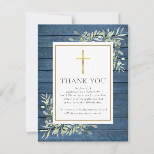 Blauw rustiek hout groen christelijke foto rouwdie bedankkaart (Voorkant)