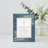 Blauw rustiek hout groen christelijke foto rouwdie bedankkaart (Staand voorkant)