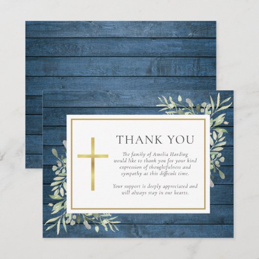 Blauw rustiek hout groen christelijke uitvaart bedankkaart (Voorkant / Achterkant)