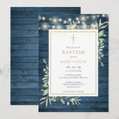Blauw rustiek hout groenbruiloop doop kaart (Voorkant / Achterkant)
