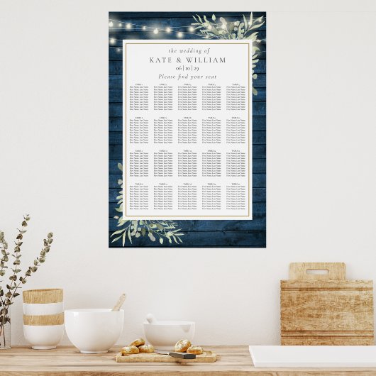 Blauw Rustiek Hout Groene Huwelijks Zitplaatskaart Poster (Keuken)