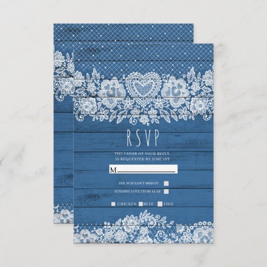 Blauw Rustiek Hout Kant Boerderij Schuur Huwelijk RSVP Kaartje (Voorkant / Achterkant)