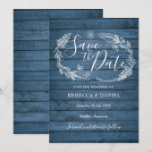 Blauw Rustiek Hout Landelijk Bloemmotief Bewaar de Save The Date (Voorkant / Achterkant)