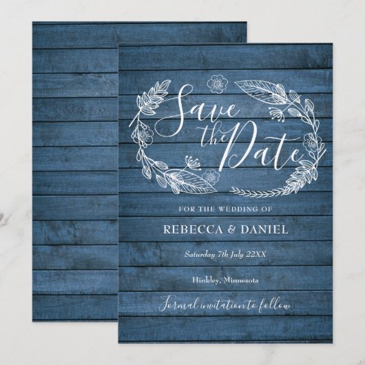 Blauw Rustiek Hout Landelijk Bloemmotief Bewaar de Save The Date (Voorkant / Achterkant)