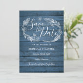 Blauw rustiek hout landelijke bloemmotief save the save the date (Staand voorkant)
