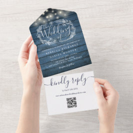 Blauw Rustiek Hout QR Code Slingerlichten Bruiloft All In One Uitnodiging