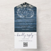 Blauw Rustiek Hout QR Code Slingerlichtjes Bruilof All In One Uitnodiging (Binnen)