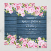 Blauw rustiek hout roze bloemen bruiloft uitnodigi kaart (Voorkant / Achterkant)