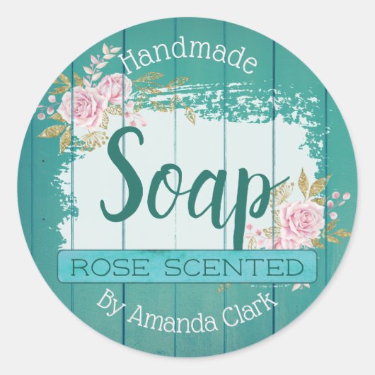 Blauw Rustiek Hout Roze Rozen Zeep Labels (Voorkant)