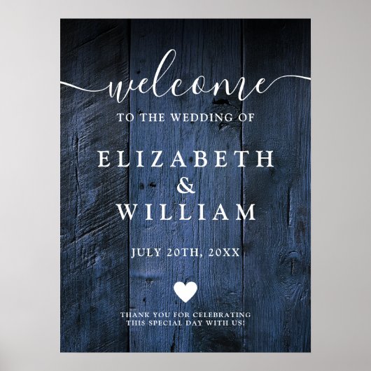 Blauw Rustiek Hout Schuur Huwelijk Welkomstbord Poster (Voorkant)