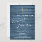 Blauw rustiek hout script eerste heilige communie kaart (Voorkant)