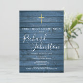 Blauw rustiek hout script eerste heilige communie kaart (Staand voorkant)