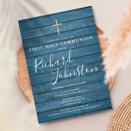 Blauw rustiek hout script eerste heilige communie kaart