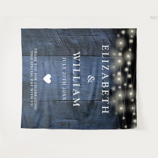 Blauw Rustiek Hout String Licht Foto Booth Achterg Wandkleed (Voorkant (horizontaal))