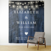 Blauw Rustiek Hout String Licht Foto Booth Achterg Wandkleed (In situ)