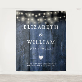 Blauw Rustiek Hout String Licht Foto Booth Achterg Wandkleed