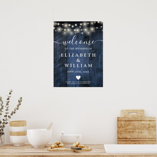 Blauw Rustiek Hout String Licht Huwelijk Welkom Te Poster (Keuken)