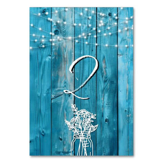 Blauw Rustiek Hout String Lichten Mason Jar Elegan Kaart (Voorkant)