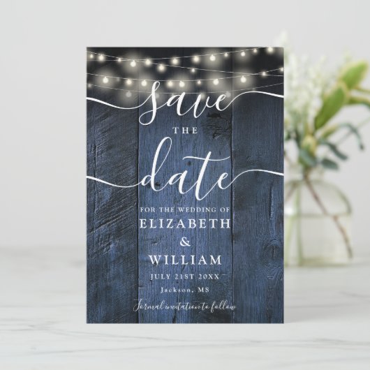 Blauw Rustiek Hout String Lichten Schuur Boho Huwe Save The Date (Staand voorkant)