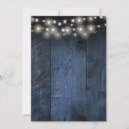 Blauw Rustiek Hout String Lichten Schuur Boho Huwe Save The Date (Achterkant)