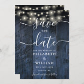 Blauw Rustiek Hout String Lichten Schuur Boho Huwe Save The Date (Voorkant / Achterkant)