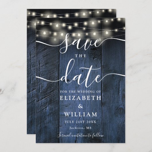 Blauw Rustiek Hout String Lichten Schuur Boho Huwe Save The Date (Voorkant / Achterkant)