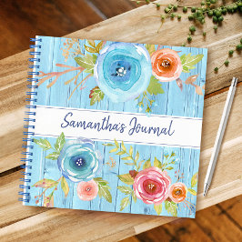 Blauw rustiek hout waterverf bloemstuk aangepaste notitieboek