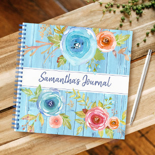 Blauw rustiek hout waterverf bloemstuk aangepaste  notitieboek