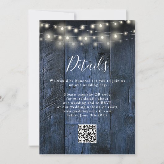 Blauw Rustiek Hout Wedding String Lights QR Code Kaart (Achterkant)