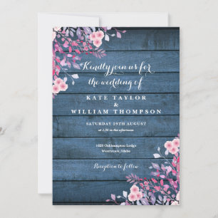 Blauw Rustiek Hout Wilde Bloemen Bloemstuk Bruilof Kaart
