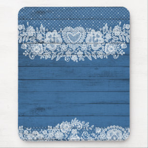 Blauw Rustiek Hout & Witte Kant Sierlijke Boerderi Muismat
