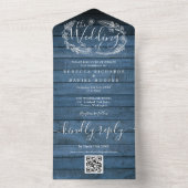 Blauw rustiek houten QR-code bloemige bruiloft All In One Uitnodiging (Binnen)