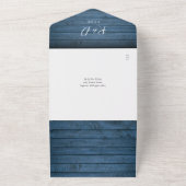 Blauw Rustiek Houten QR Code Monogram Bloemige Bru All In One Uitnodiging (Buitenkant)