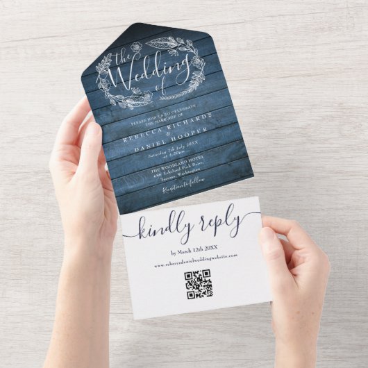 Blauw Rustiek Houten QR Code Monogram Bloemige Bru All In One Uitnodiging (Afscheurbaar)