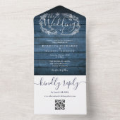 Blauw Rustiek Houten QR Code Monogram Bloemige Bru All In One Uitnodiging (Binnen)
