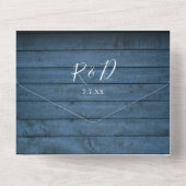 Blauw Rustiek Houten QR Code Monogram Bloemige Bru All In One Uitnodiging (Achterkant)