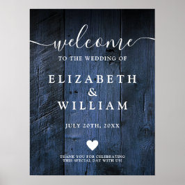 Blauw Rustiek Houten Schuur Bruiloft Welkom Bord Poster