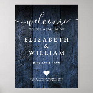 Blauw Rustiek Houten Schuur Bruiloft Welkom Bord Poster