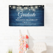 Blauw rustiek houten slingerlicht afstudeerbanner spandoek (Insitu)