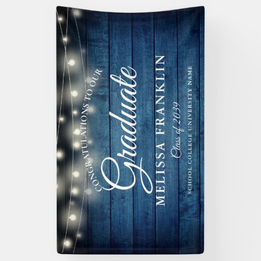 Blauw rustiek houten slingerlicht afstudeerbanner spandoek (Verticaal)