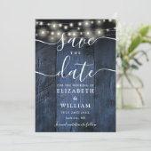 Blauw rustiek houten slingerlicht boho bruiloft save the date (Staand voorkant)