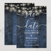 Blauw rustiek houten slingerlicht boho bruiloft save the date (Voorkant / Achterkant)